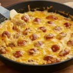 A skillet filled with cheesy sausage dip, with a tortilla chip scooping up a portion of the gooey, melted mixture.
