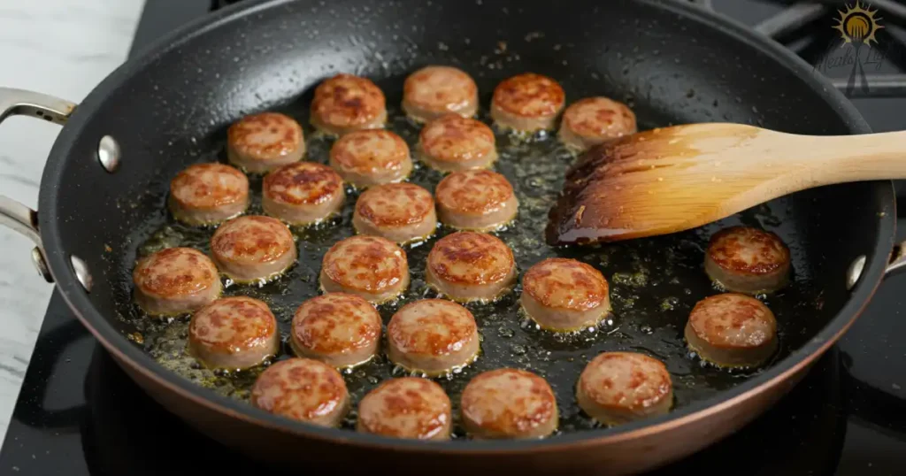 Sliced sausage pieces sizzling in a pan with a wooden spatula resting on the side.
