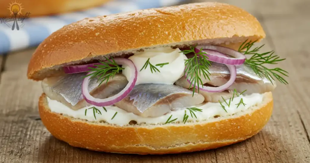 Close-up of a freshly made Matjesbrötchen sandwich with herring and toppings.