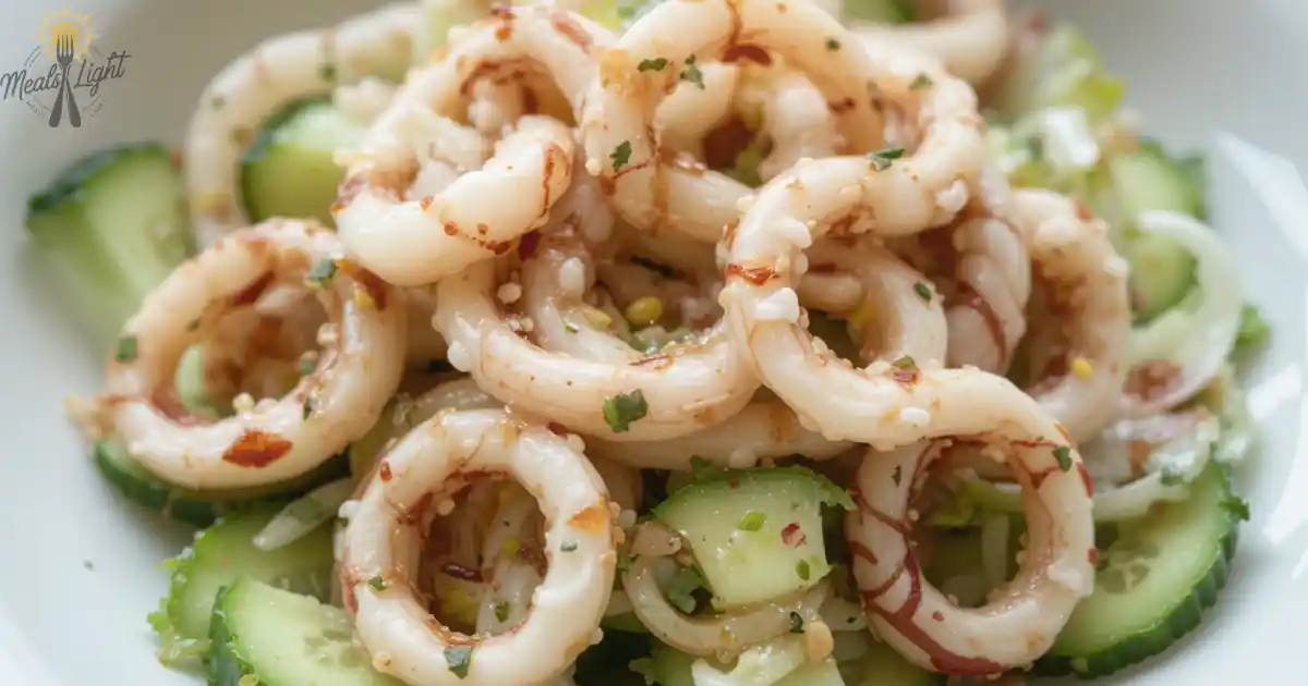 Close-up of a fresh Ika Salad Recipe in a white bowl with squid, cucumber, and green onions
