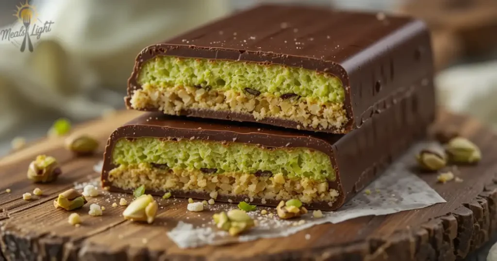 A close-up of a sliced Dubai chocolate bar revealing layers of chocolate, pistachio filling, and crispy kunafa on a wooden board.