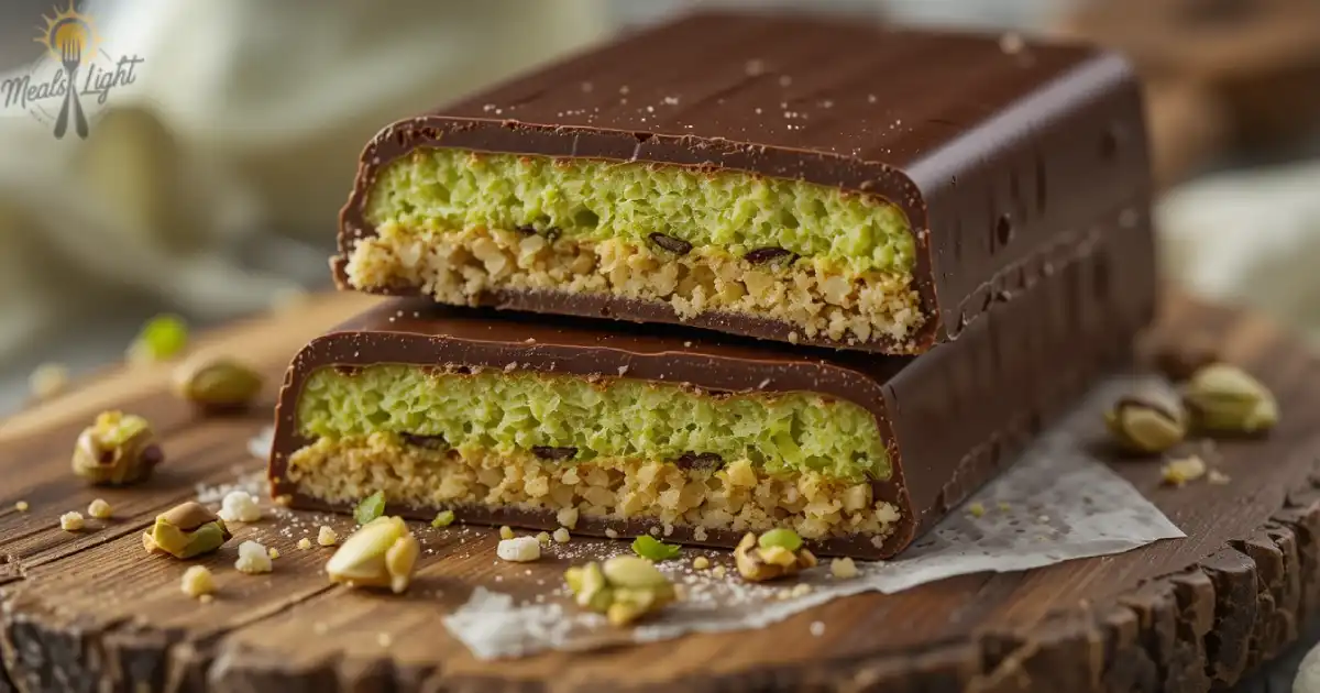 A close-up of a sliced Dubai chocolate bar revealing layers of chocolate, pistachio filling, and crispy kunafa on a wooden board.