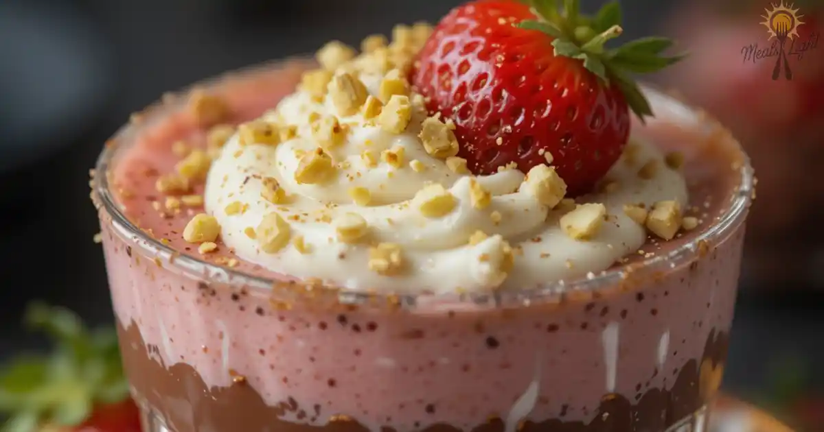 Ingredients laid out for a Dubai Chocolate Strawberry Cup including kataifi, pistachio butter, and strawberries