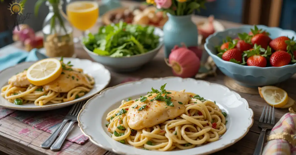 Colorful spring dinner recipes spread with lemon garlic chicken, spring pasta, and strawberry salad on a rustic table.