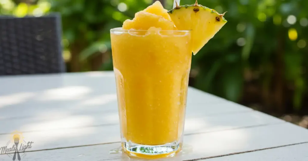 A glass of tropical Ninja Slushi with a pineapple slice garnish on a sunny outdoor table.