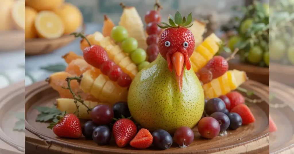 A colorful turkey fruit platter with a pear body, grape tail feathers, and strawberry head on a wooden tray.