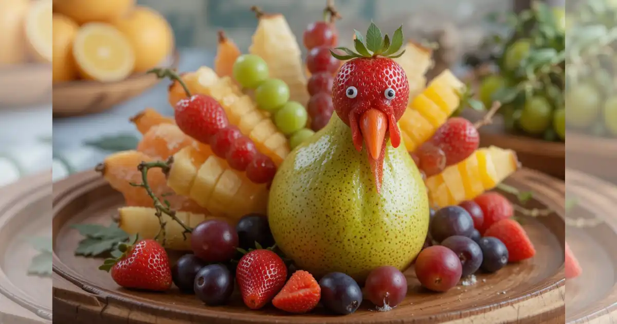 A colorful turkey fruit platter with a pear body, grape tail feathers, and strawberry head on a wooden tray.