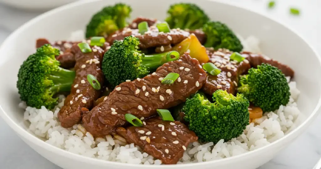 Close-up of beef and broccoli stir-fry over rice in a white bowl, garnished with sesame seeds and green onions.