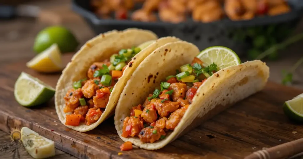 Colorful Blackstone Chicken Fajitas served in tortillas with lime wedges on a wooden table, griddle in the background.