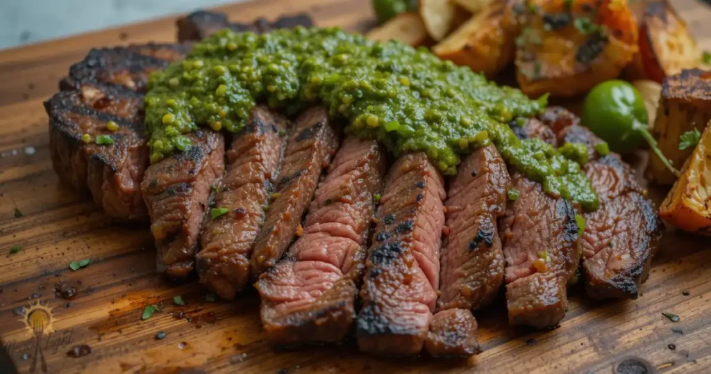 Sliced grilled sirloin steak topped with vibrant green chimichurri sauce on a rustic wooden board, served with roasted vegetables.