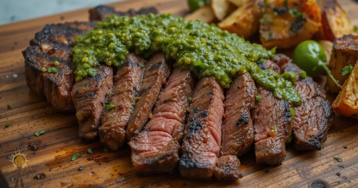 Sliced grilled sirloin steak topped with vibrant green chimichurri sauce on a rustic wooden board, served with roasted vegetables.