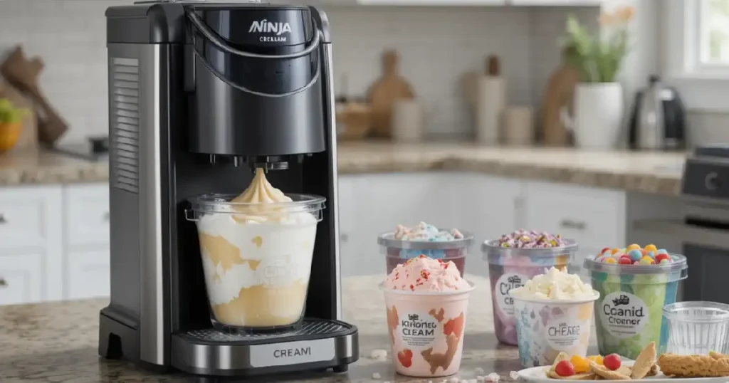 Ninja Creami ice cream maker with colorful ice cream pints and toppings on a kitchen counter.