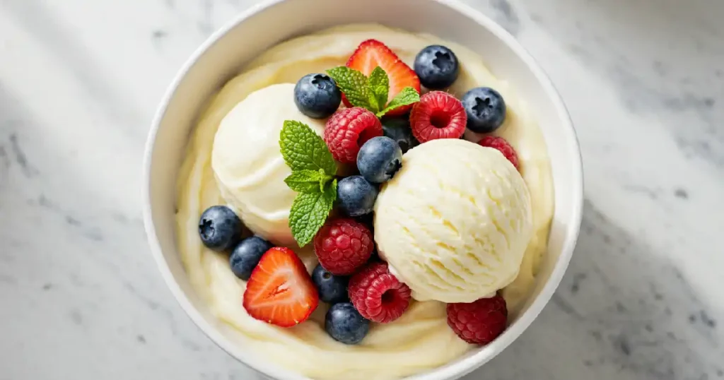 Bowl of Ninja Creami vanilla ice cream with berries and mint.