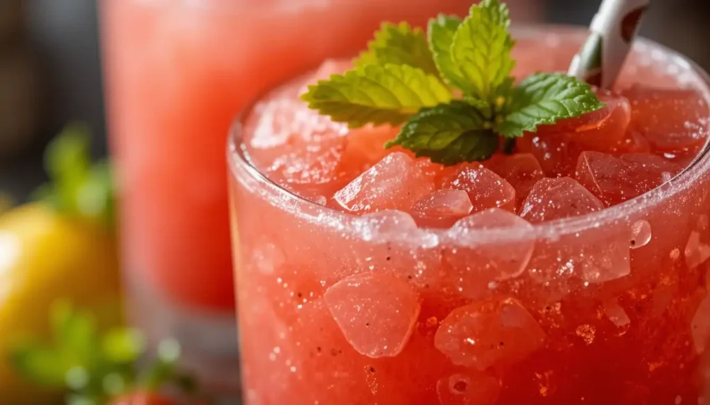 Close-up of Ninja Slushi Strawberry Lemonade in a glass with lemon and mint garnish