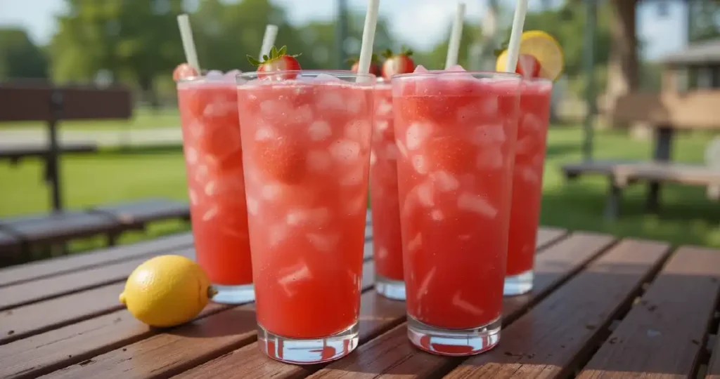 Four glasses of Ninja Slushi Strawberry Lemonade on a picnic table in Oklahoma