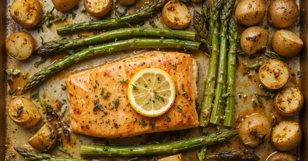 Overhead view of Sheet Pan Lemon Garlic Salmon with roasted asparagus and baby potatoes on a baking sheet. Sheet Pan Dinners