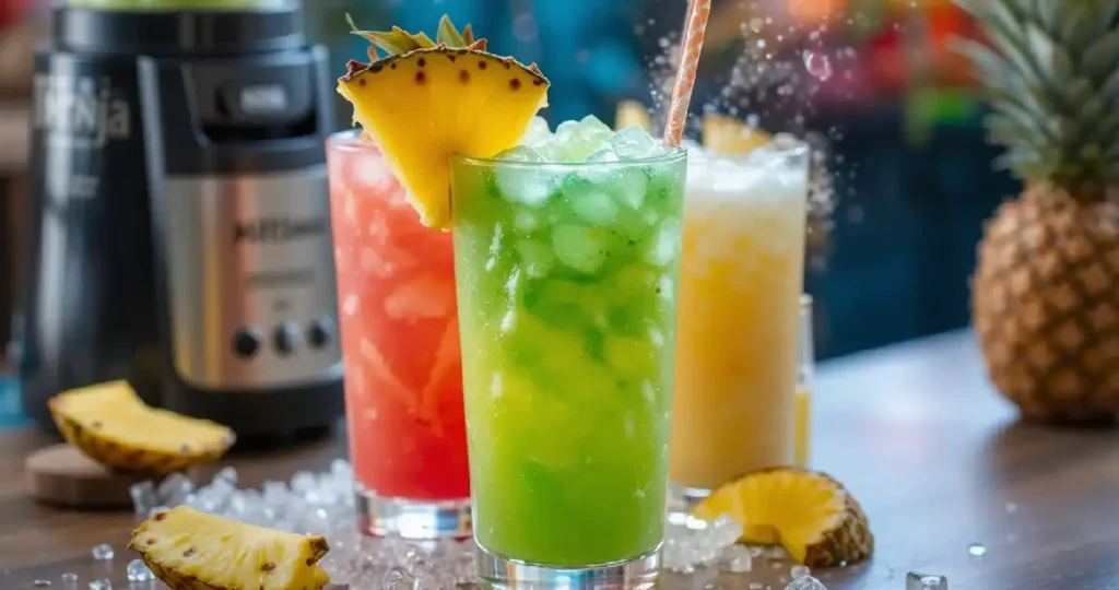 A vibrant Tropical Ninja Slushi served in chilled glasses with pineapple slice garnishes, made using a Ninja Slushie Machine Recipe.