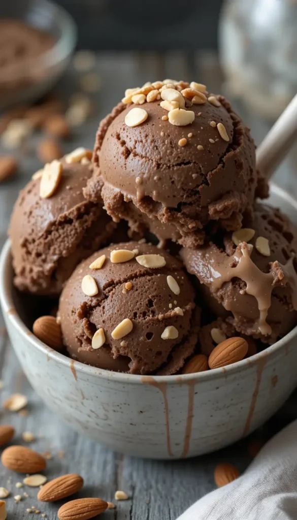 Chocolate Ninja Creami protein ice cream in a bowl with almond toppings
