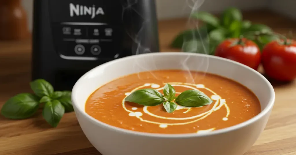 A steaming bowl of creamy tomato basil soup with a Ninja Blender in the background.