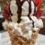Close-up of vanilla Ninja Creami ice cream in a waffle cone with strawberries and chocolate syrup.