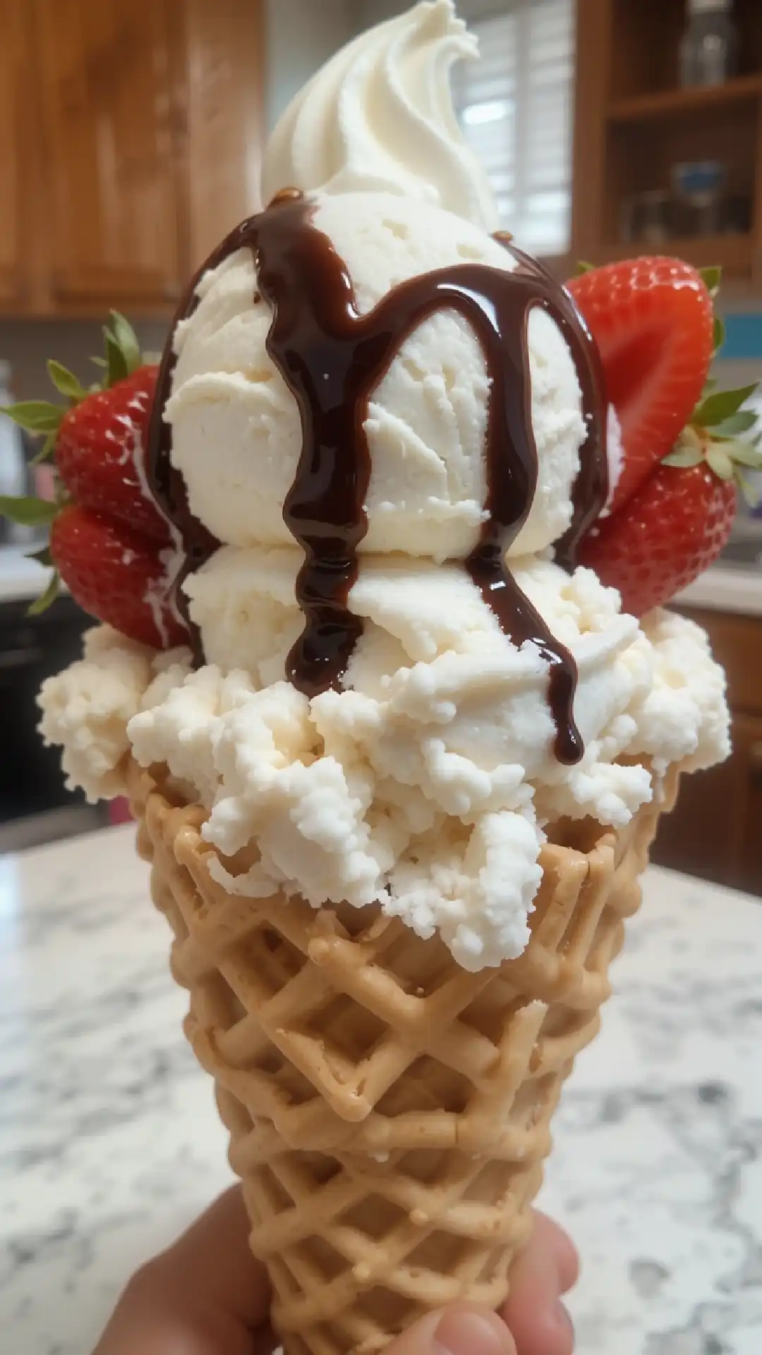 Close-up of vanilla Ninja Creami ice cream in a waffle cone with strawberries and chocolate syrup.