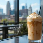 A dulce de leche frappé coffee in a clear glass, served on a cafe table with a Louisville skyline in the background.