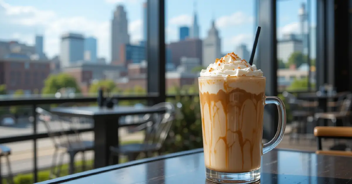 A dulce de leche frappé coffee in a clear glass, served on a cafe table with a Louisville skyline in the background.