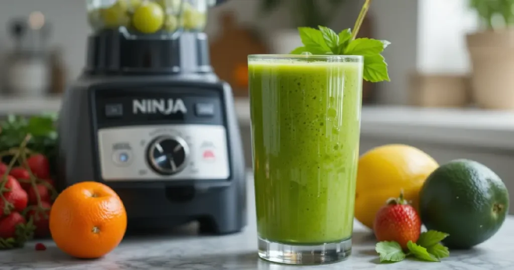 A vibrant tropical green smoothie in a glass next to a Ninja Blender recipes on a kitchen counter with fresh fruits.