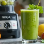 A vibrant tropical green smoothie in a glass next to a Ninja Blender recipes on a kitchen counter with fresh fruits.