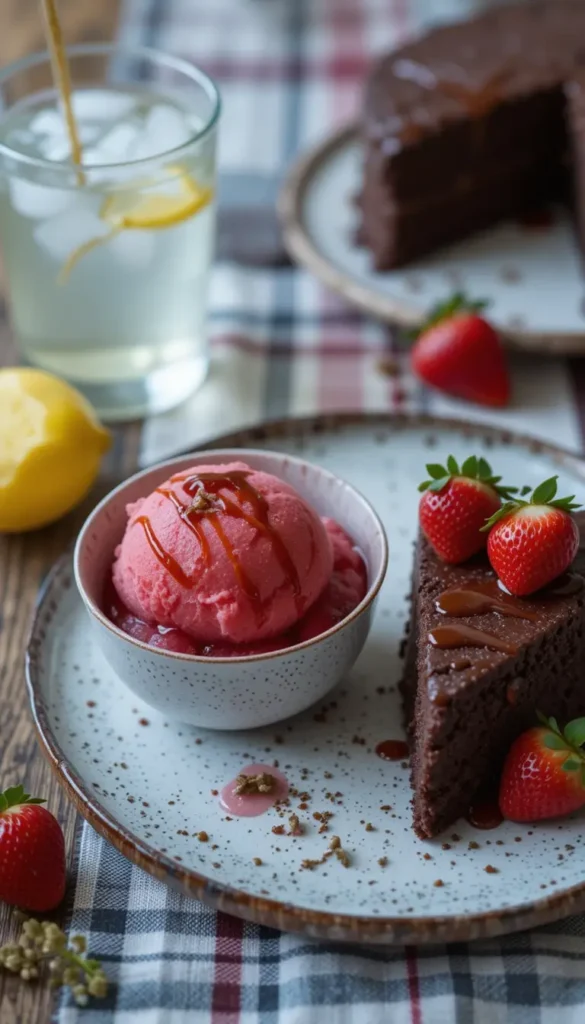 Flat lay of strawberry sorbet ingredients with blender and Ninja Creami pint