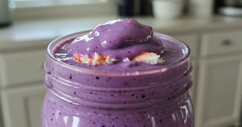 A vibrant Ninja Blast smoothie with Maryland crab and Alaskan blueberry ingredients.