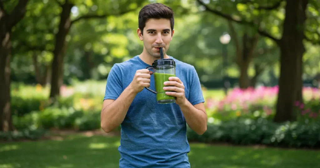 A person holding a Ninja Blender Portable with a smoothie inside, standing in a park.