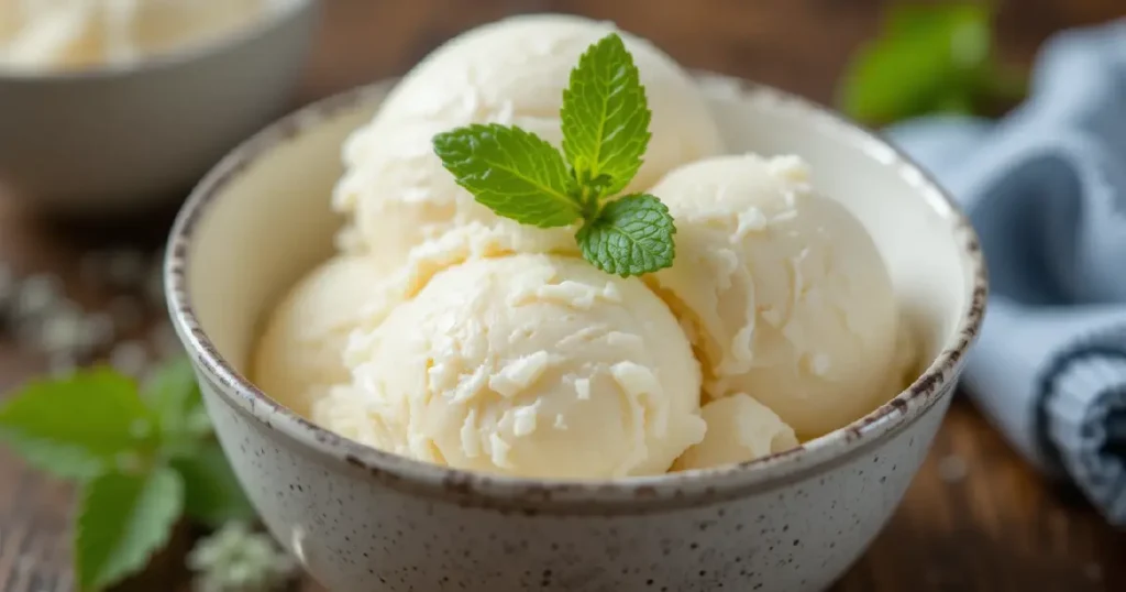 A bowl of creamy vanilla ice cream made with the Ninja Creami, garnished with a mint sprig.