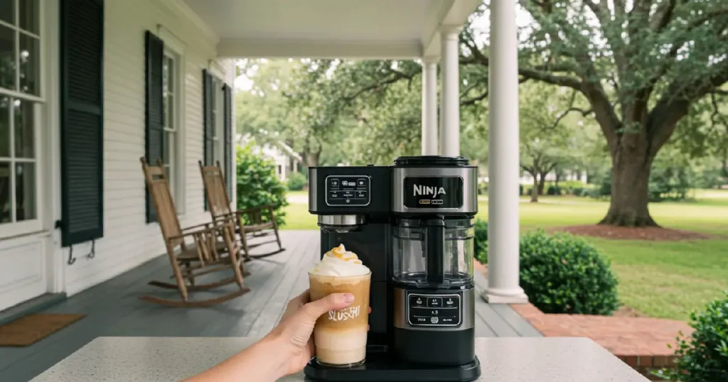 A person using a Ninja SLUSHi machine to make a frappé coffee, with a Mississippi porch setting in the background.