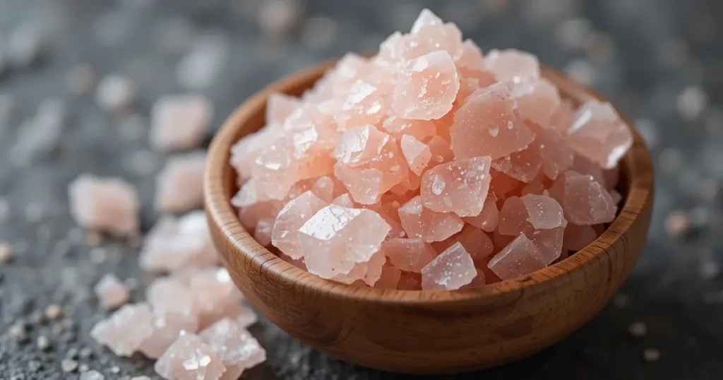 A close-up of pink Himalayan salt crystals in a small wooden bowl on a textured surface.