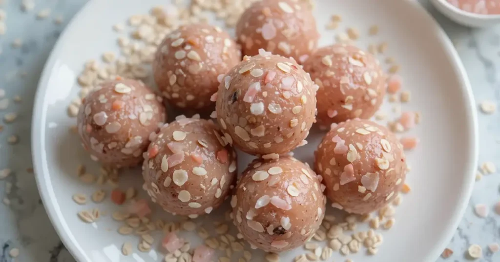 A white plate with pink salt energy bites, surrounded by oats and a pinch of pink Himalayan salt.