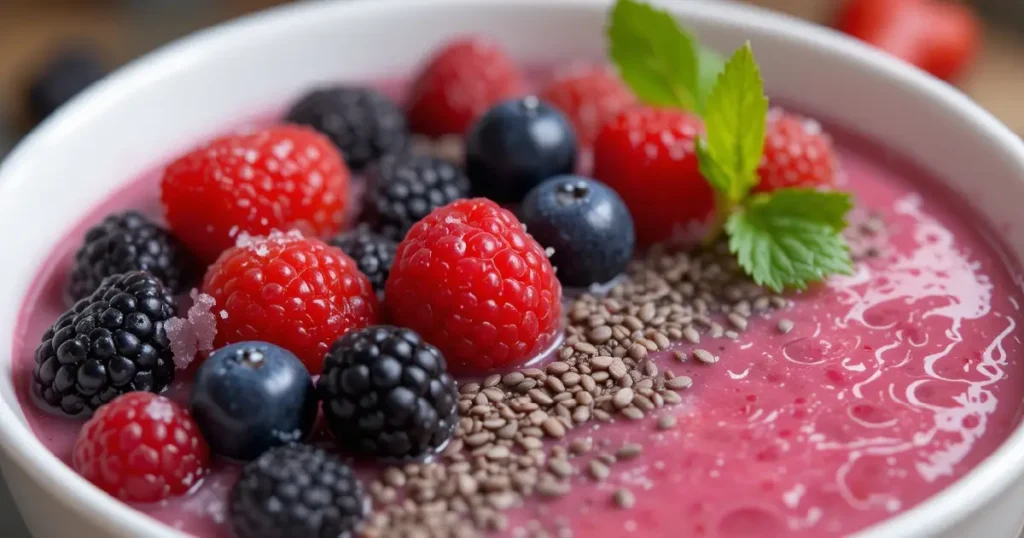 A vibrant pink salt smoothie bowl topped with berries and chia seeds, served in a white bowl.