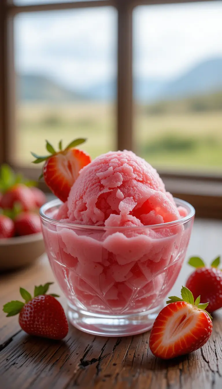 Close-up of strawberry sorbet in a glass bowl with mint and strawberry garnish