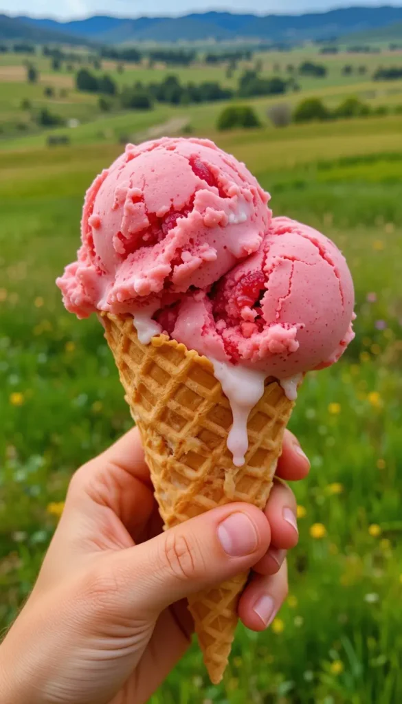 Hand holding a waffle cone with strawberry sorbet against a Wyoming field backdrop