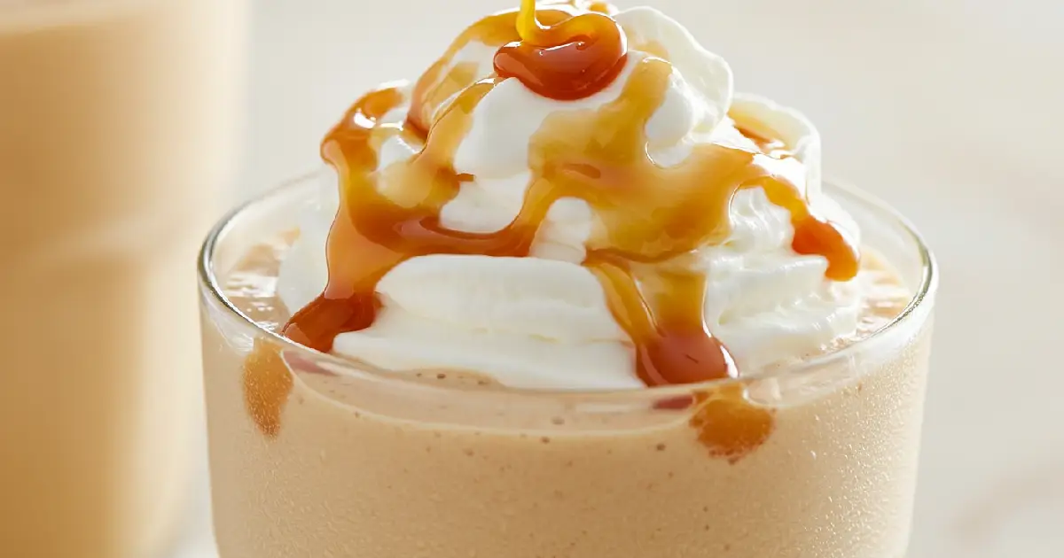 Glass of creamy Caramel Milkshake Slushi topped with whipped cream and caramel drizzle