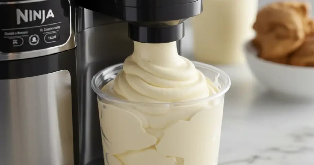 Close-up of a Ninja Creami machine processing vanilla ice cream with a creamy texture.