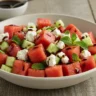 A colorful watermelon feta salad in a bowl