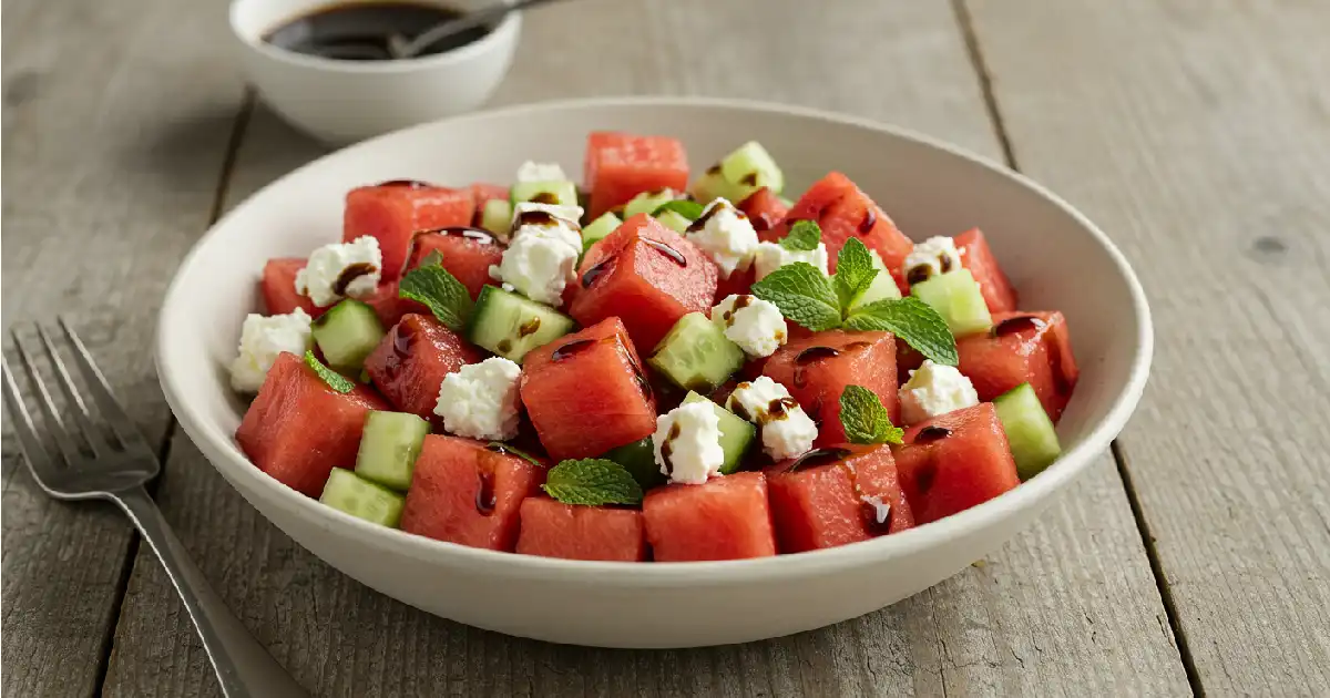 A colorful watermelon feta salad in a bowl
