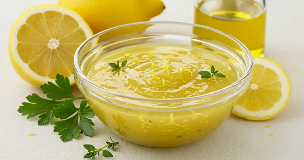 Freshly made lemon vinaigrette dressing in a glass bowl with lemons and olive oil