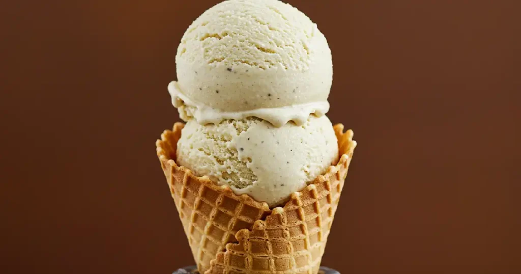 A creamy scoop of vanilla bean ninja cream topped with vanilla bean specks in a waffle cone.