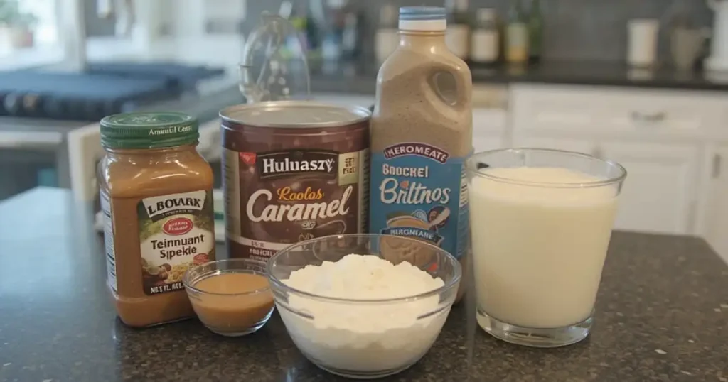 Ingredients for Caramel Milkshake Slushi on a kitchen counter