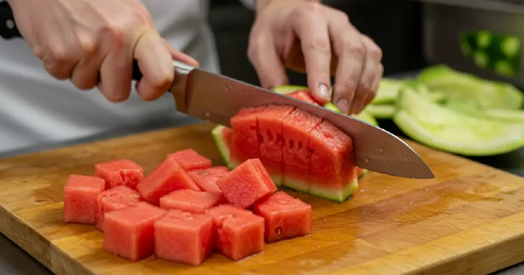 Watermelon cubes on a cutting board