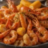 A vibrant Red Lobster seafood boil with shrimp, crab, and corn on a rustic table