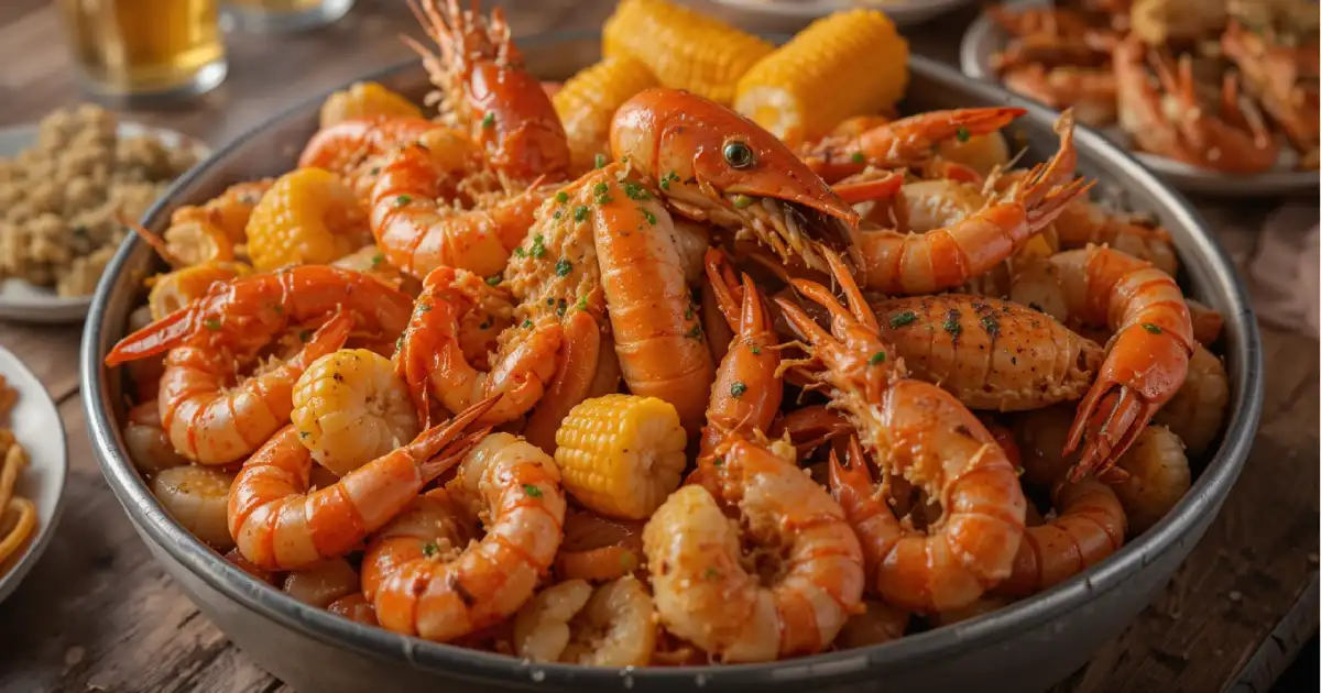 A vibrant Red Lobster seafood boil with shrimp, crab, and corn on a rustic table