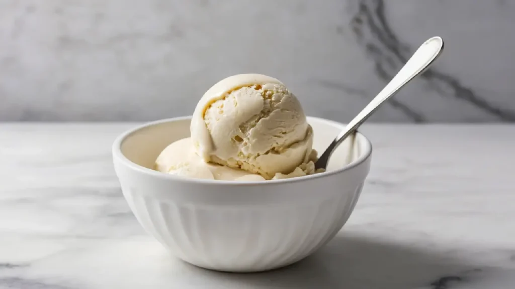 Scoop of homemade breast milk ice cream in a small ceramic bowl